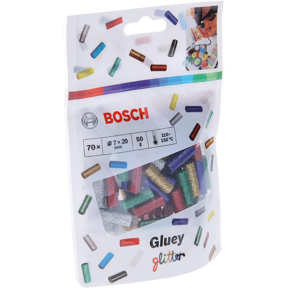 Bosch Klebesticks Gluey, Glitzer-Mix, 70 Stück, rot, grün, blau, silber, gold