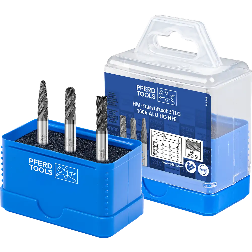 PFERD TOOLS Hartmetall Hochleistungsfrässtift Set 1606 ALU 3-tlg Ø 6mm Schaft-Ø 6mm HICOAT beschichtet beschichtet für für Alu/NE Metalle