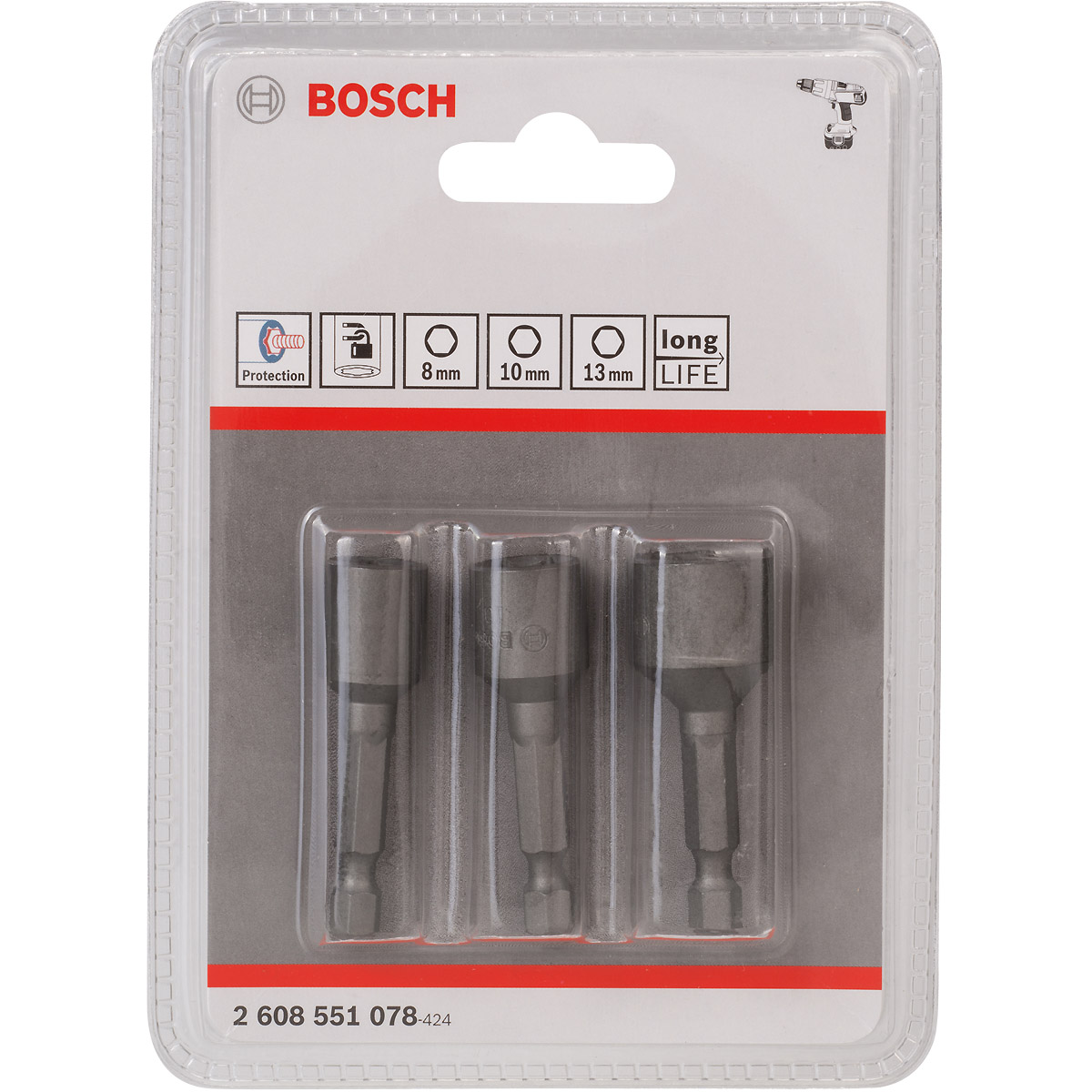 Bosch Steckschlüssel-Pack, 3-teilig, 50 mm, 8, 10, 13 mm