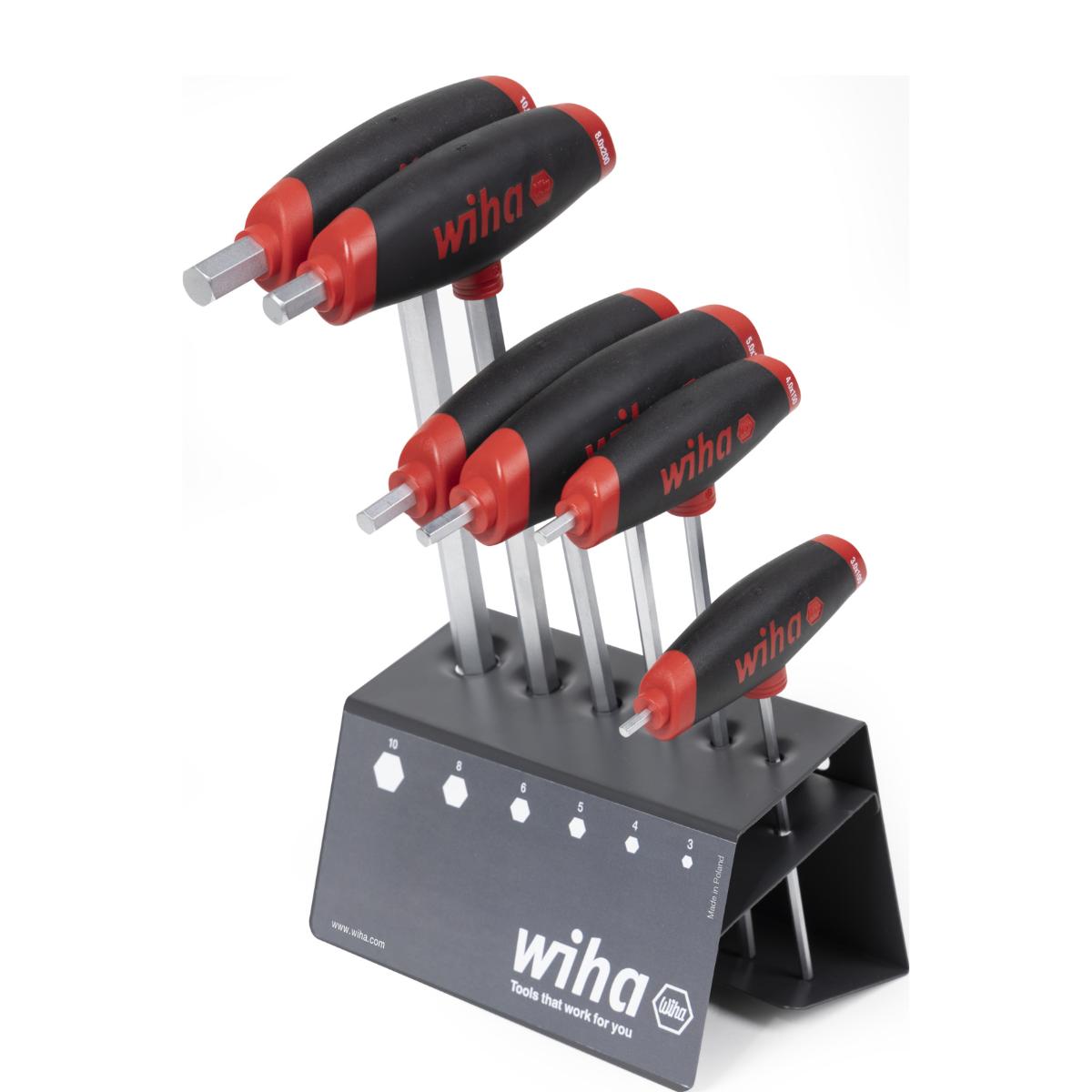 Wiha Stiftschlüssel mit Quergriff Set ComfortGrip Sechskant 6-teiliges Set mit Seitenabtrieb, mattverchromt im Werkbankständer