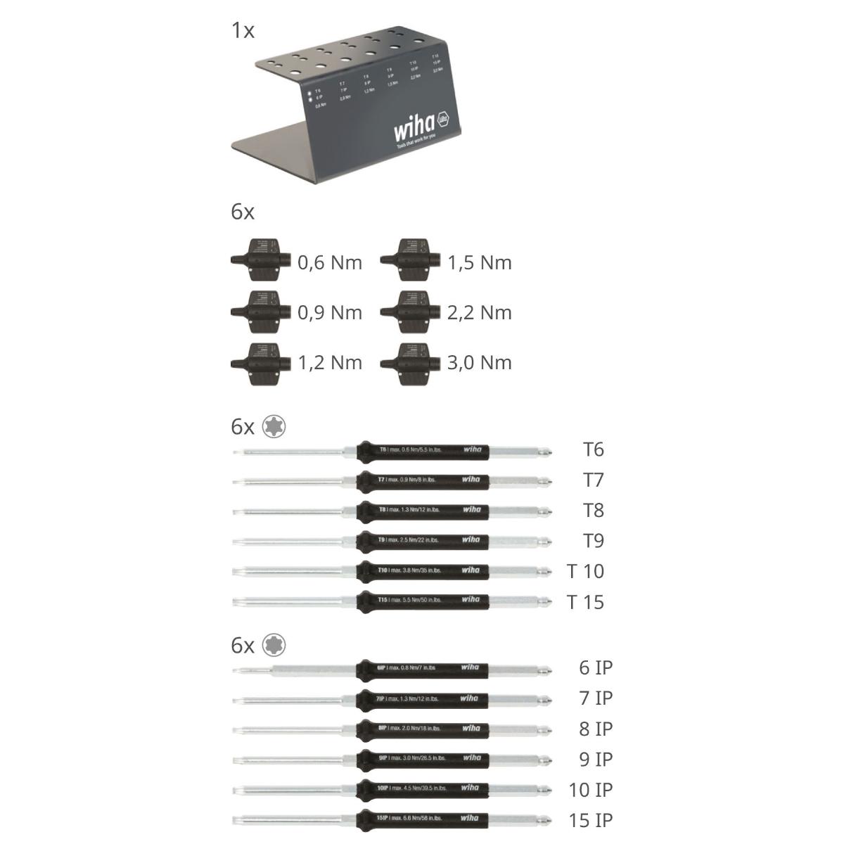 Wiha Drehmoment-Schraubendreher mit Schlüsselgriff Set easyTorque Key Torx , TorxPlus 19-teiliges Set fest voreingestellte Drehmomentbegrenzung im Werkbankständer