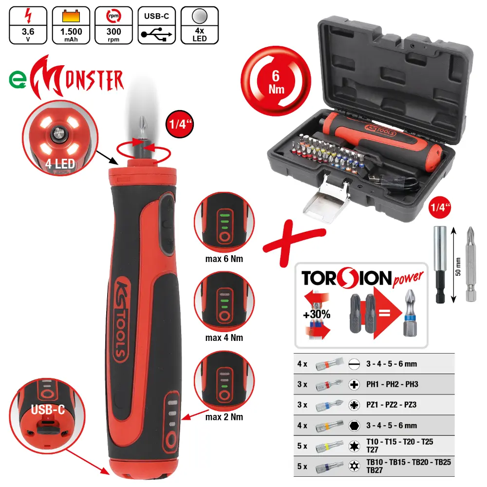 KS TOOLS eMONSTER 1/4" Akku-Bit-Schrauber-Satz, 27-tlg, 6 Nm