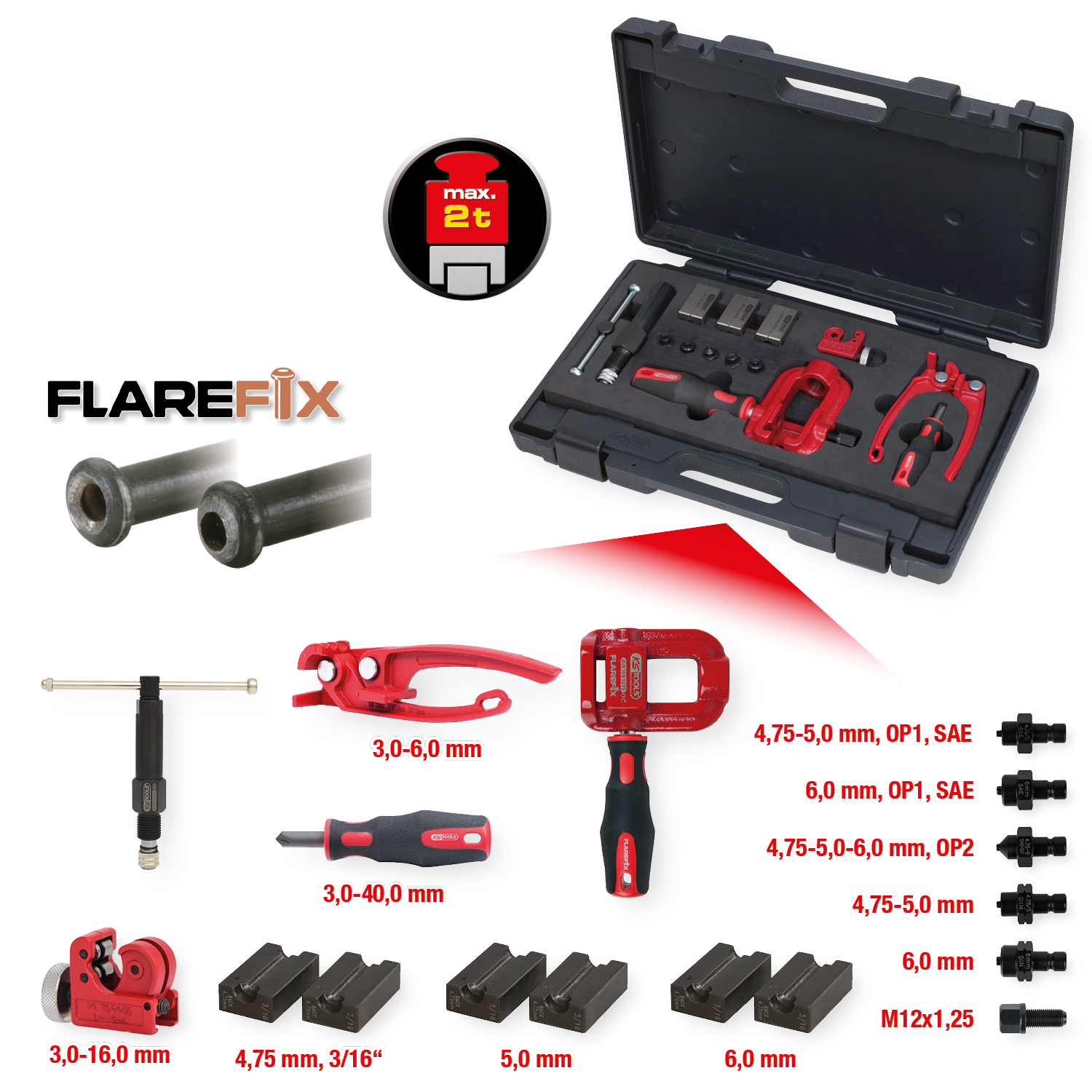 KS Tools FLAREFIX 1 Universal-Bremsleitungs-Bördelgerät-Satz mit Hydraulik-Spindel, 16-tlg