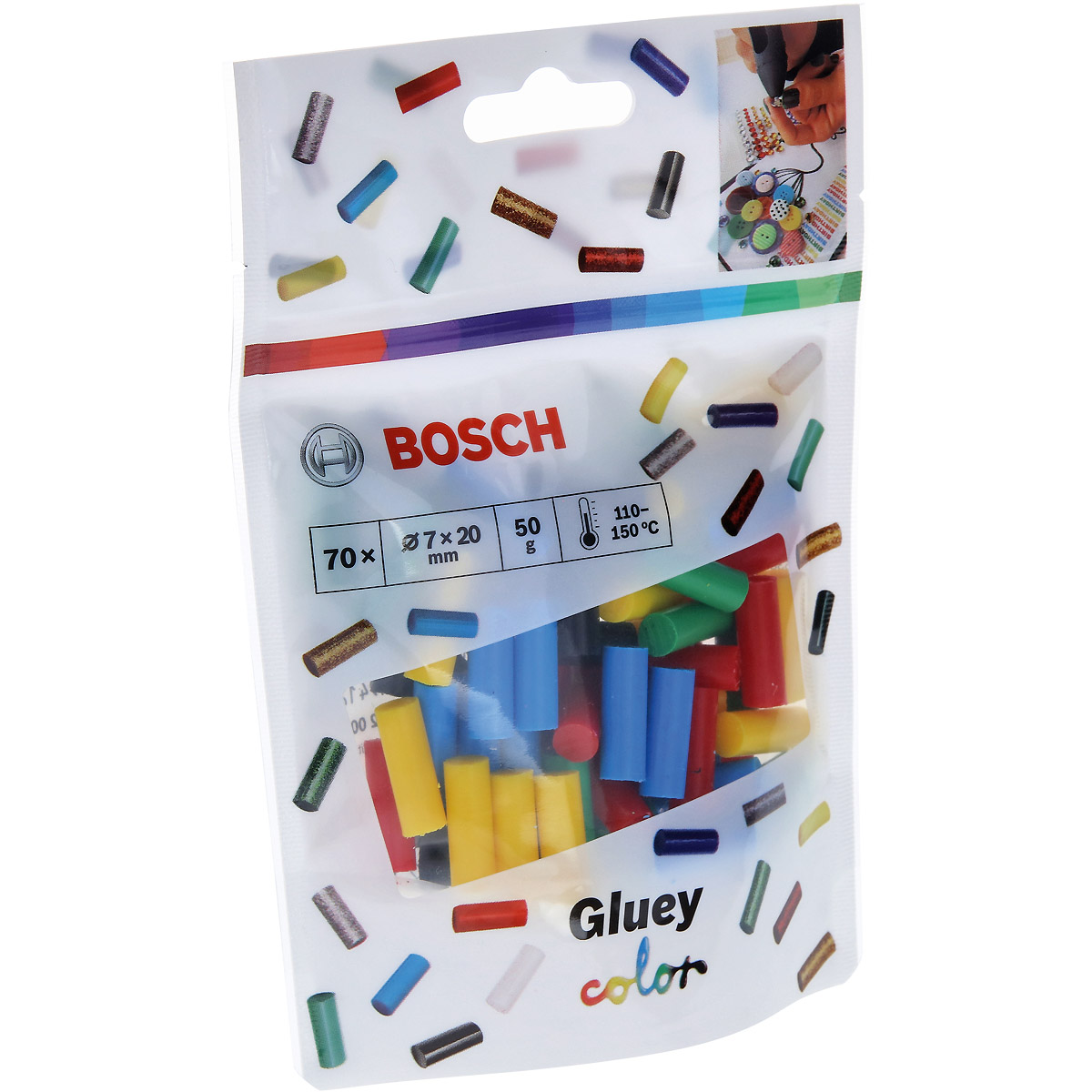 Bosch Klebesticks Gluey, Farb-Mix, 70 Stück, rot, gelb, blau, grün, schwarz