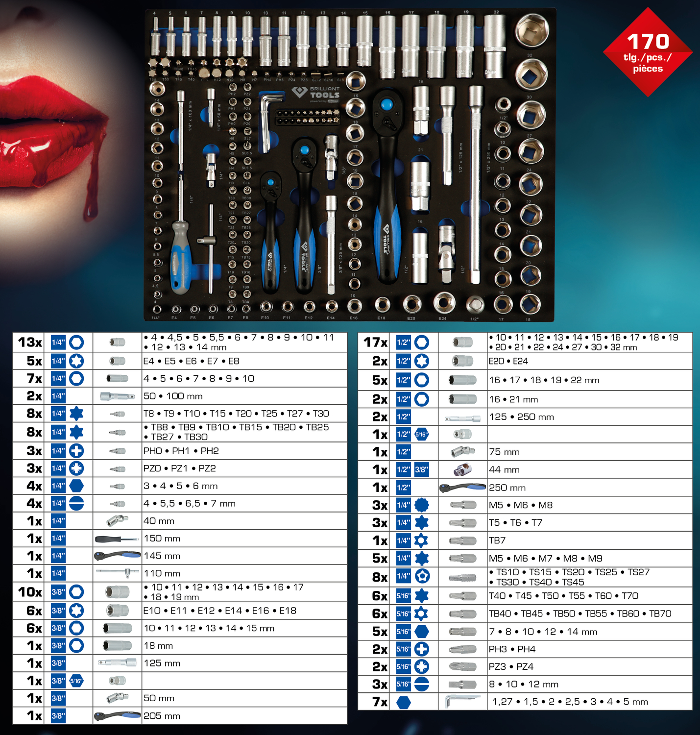 Brilliant Tools Schaumstoffeinlage mit 170 Steckschlüssel - BT158170