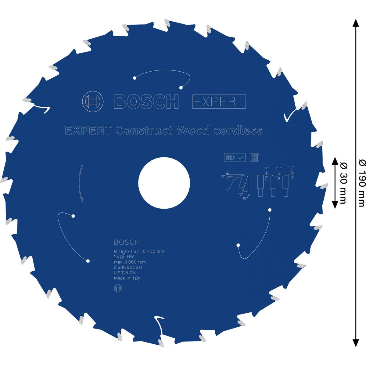 Bosch EXPERT Construct Wood Kreissägeblatt, 190x1,6x30 mm, T24
