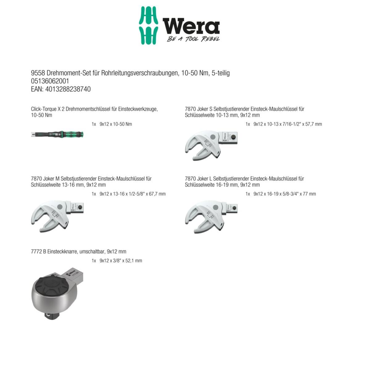 Wera 9558 Drehmoment-Set für Rohrleitungsverschraubungen, 10-50 Nm
