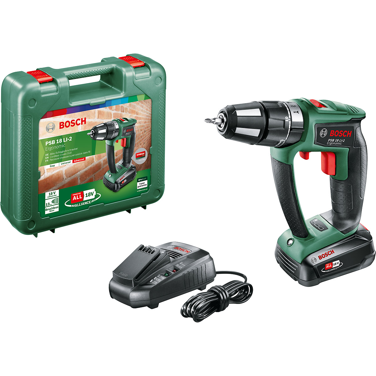 Bosch Akku-Zweigang-Schlagbohrschrauber PSB 18 LI-2 Ergonomic, mit 1 x PBA 18V 2.5 Ah
