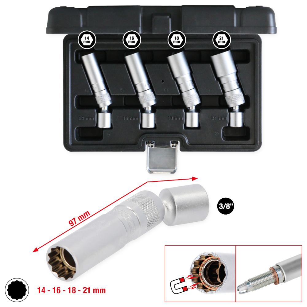 KS Tools 3/8 Zoll Zündkerzen-Stecknuss-Satz, 4-tlg, magnetisch mit Gelenk