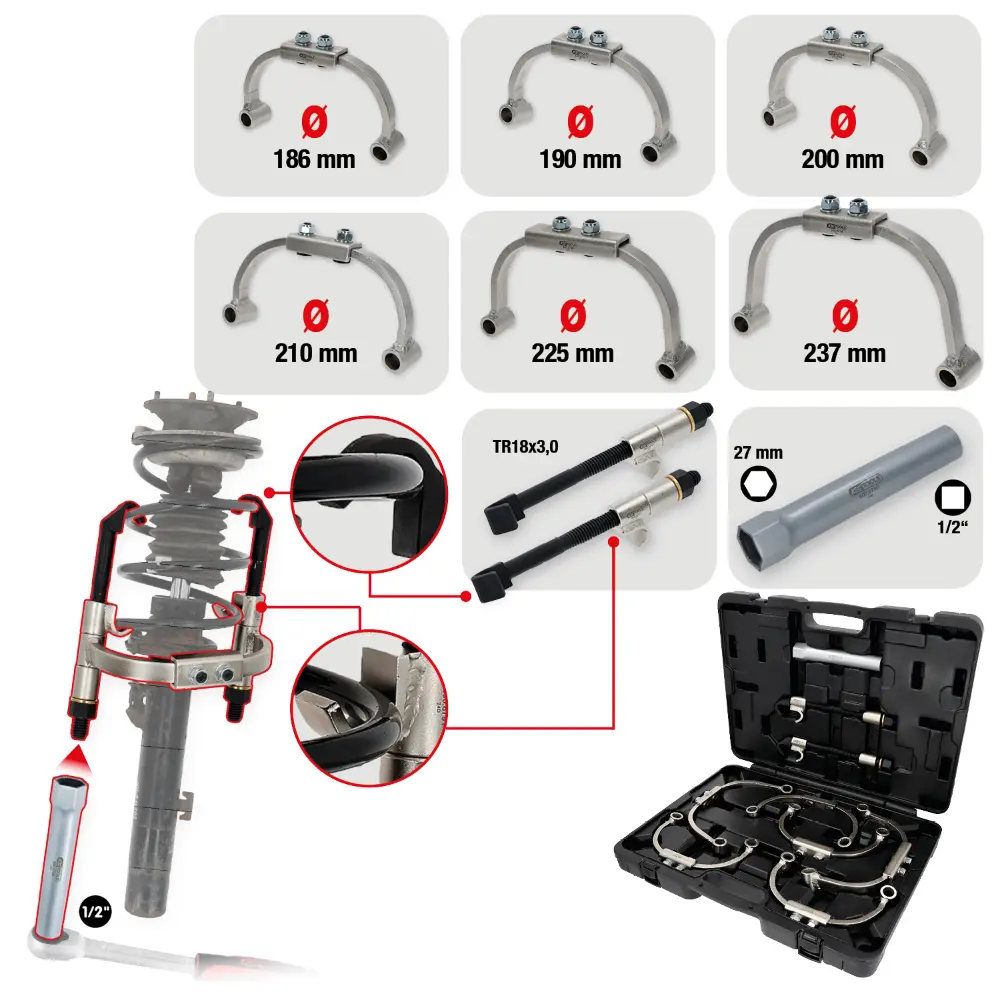 KS TOOLS Universal McPherson Federspanner-Satz mit Sicherheitsbügel, 9-tlg
