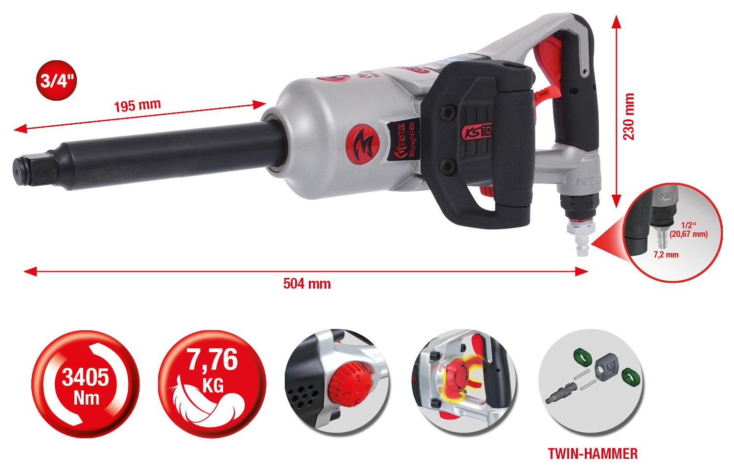 KS Tools 3/4" superMONSTER Hochleistungs-Druckluft-Schlagschrauber, 3405Nm, 504 mm