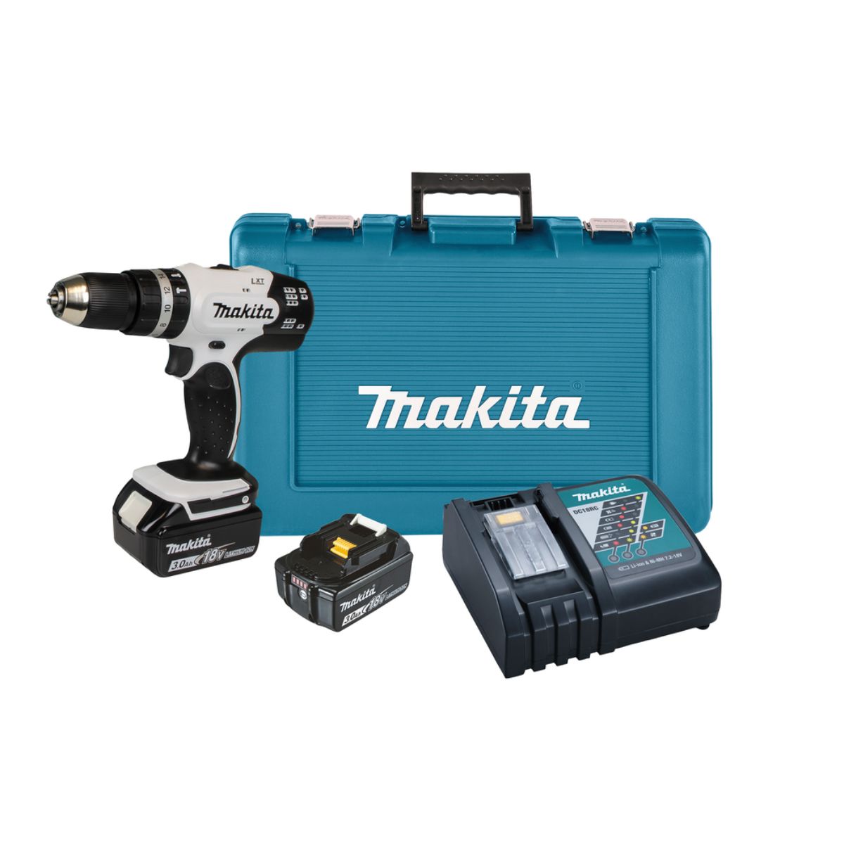 Makita Akku-Schlagbohrschrauber 18V in weiß / 3,0 Ah, 2 Akkus + Ladegerät im Transportkoffer