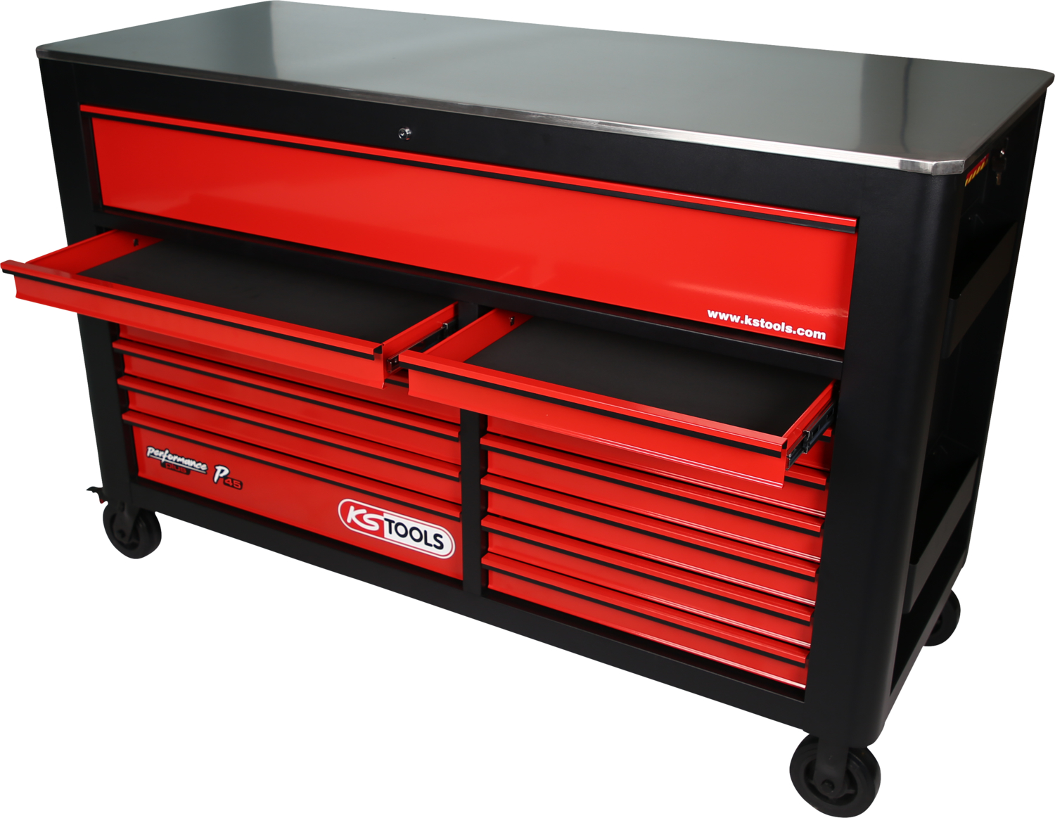 KS Tools PERFORMANCEplus P45 SCHWARZ-ROT Werkstattwagen mit 14 Schubladen