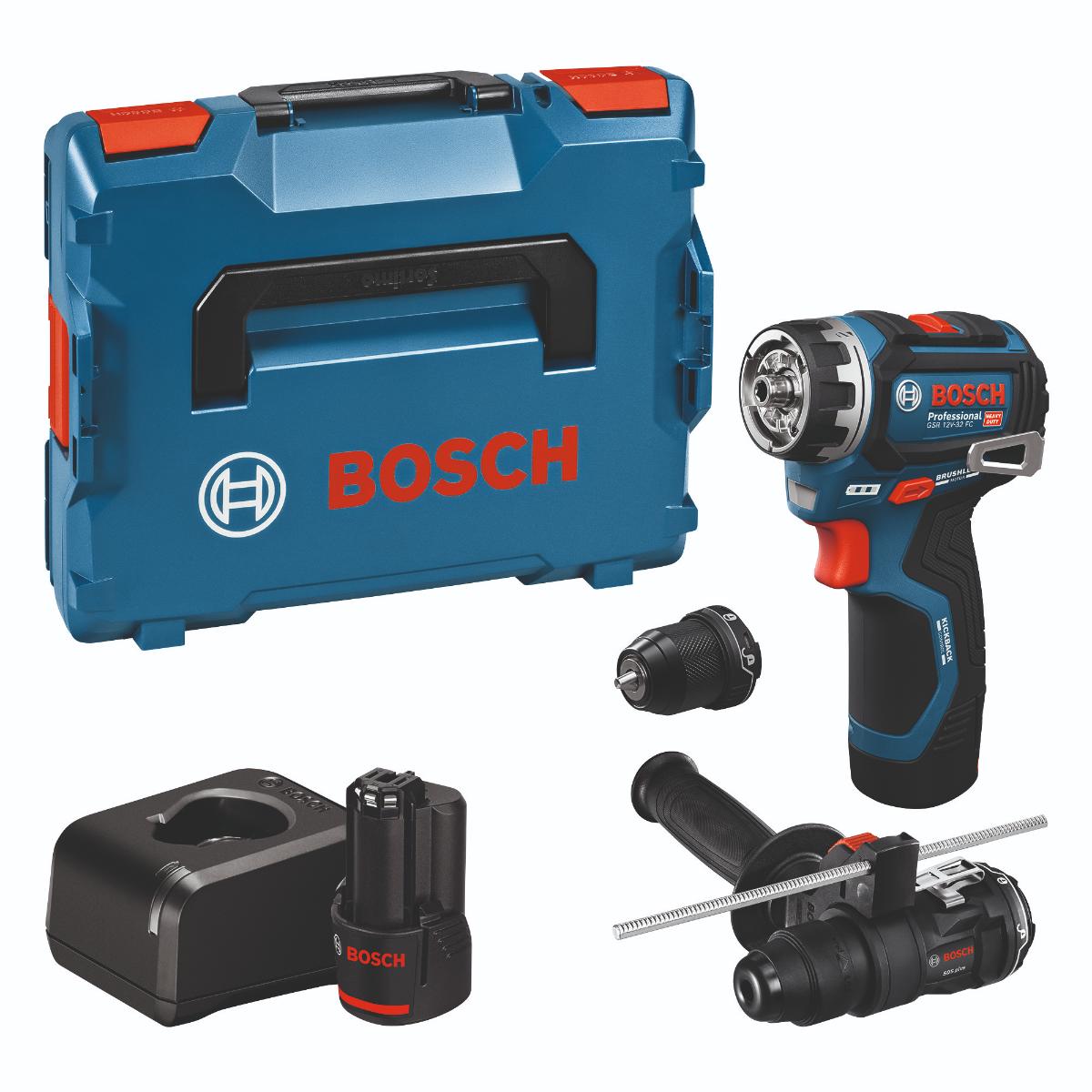 Bosch Schrauber GSR 12V-32 FC, 2x GBA 12V 2.0Ah, Aufs., Zusatzhandgriff, Tiefenanschlag,L-BOXX