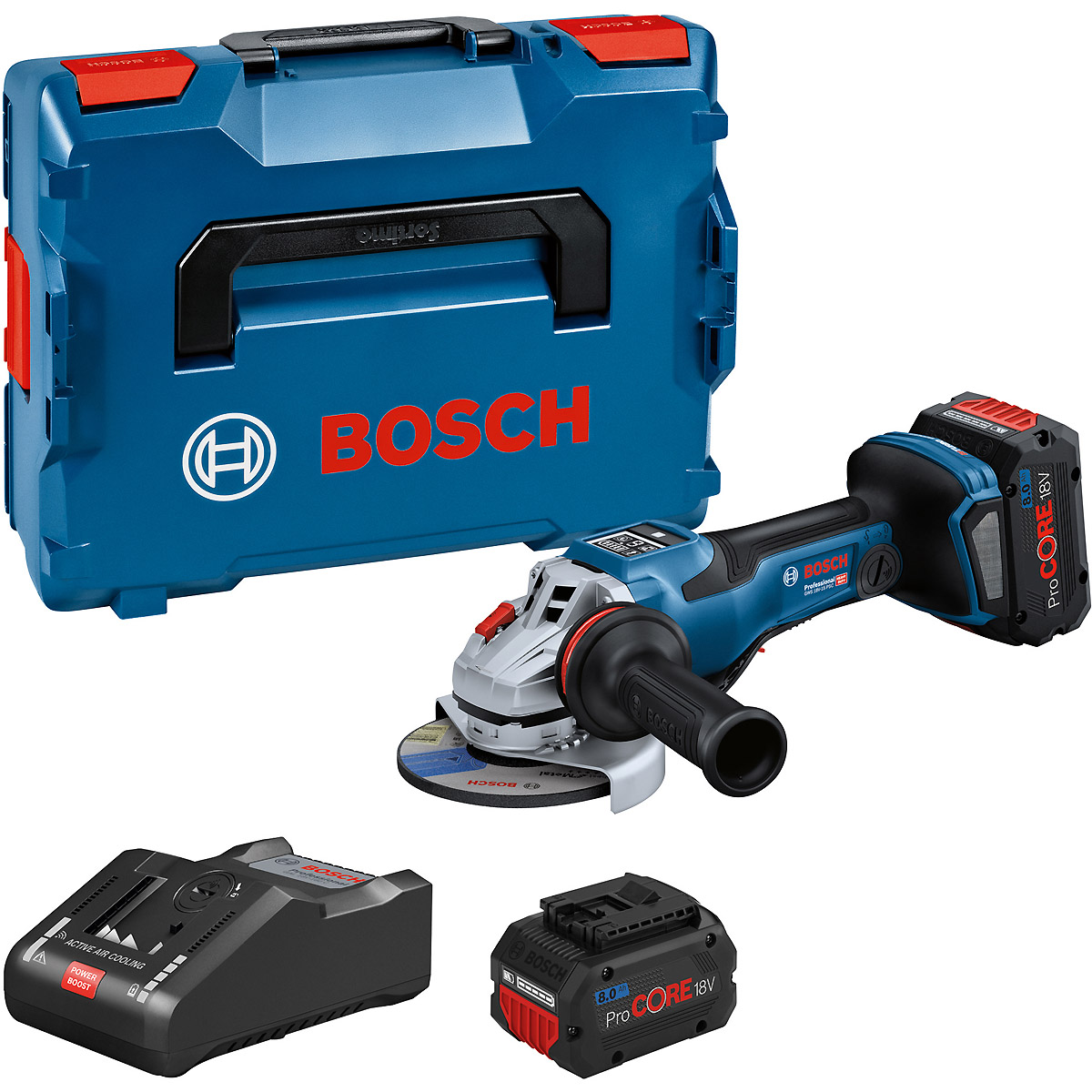 Bosch Akku-Winkelschleifer BITURBO GWS 18V-15 PSC, 2 x Akku ProCORE18V, Ladg. u. L-BOXX