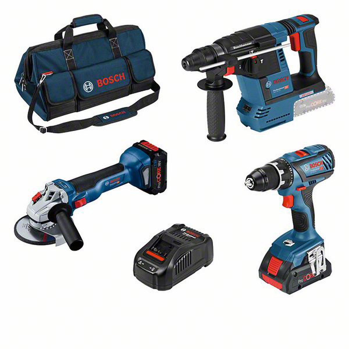 Bosch Werkzeug-Set 3-tlg. -Set, 18V: GSR + GWS + GBH + 2 x ProCORE18V (1 x 4.0Ah + 1 x 8.0Ah) + GAL