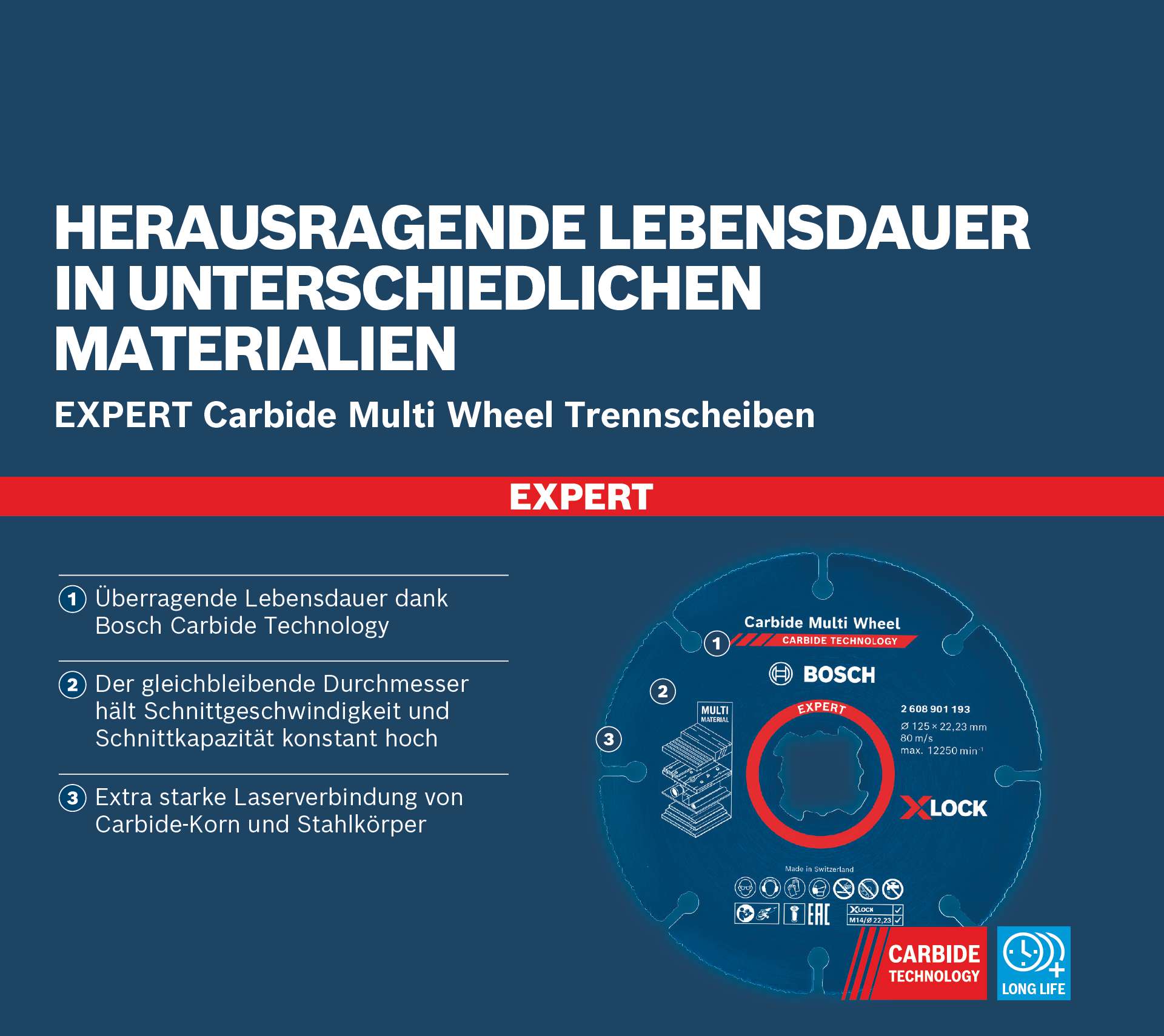 Bosch EXPERT Multi Material Carbide-Trennscheibe, 115 x 22,23 mm, X-Lock, 10-Stück