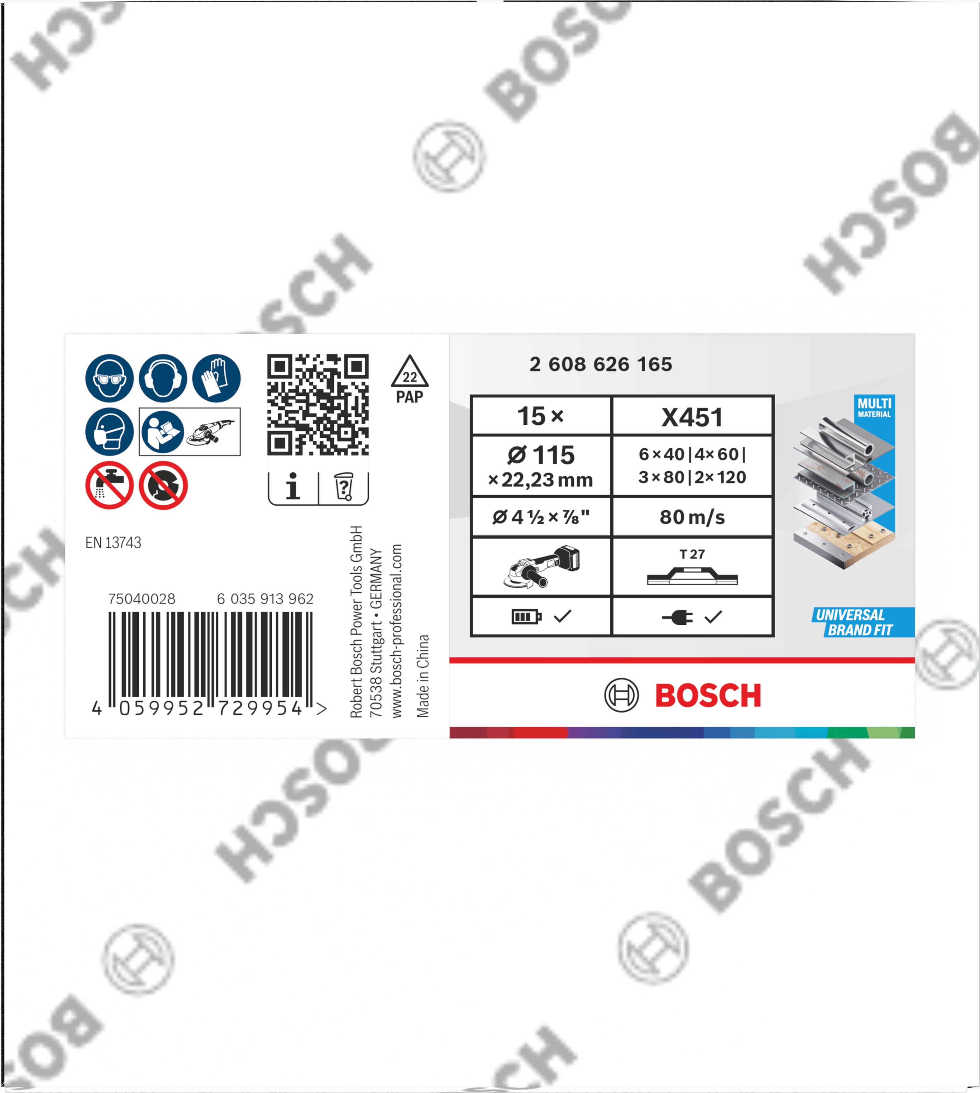 Bosch X451 Fächerschleifscheiben 115mm, T27, 15-teiliges Set