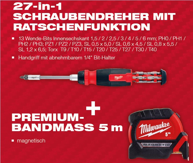 Milwaukee Multi-Bit Schraubendreher mit Ratschenfunktion 27-in-1 + Premium-Bandmaß 5 m magnetisch 28-teilig