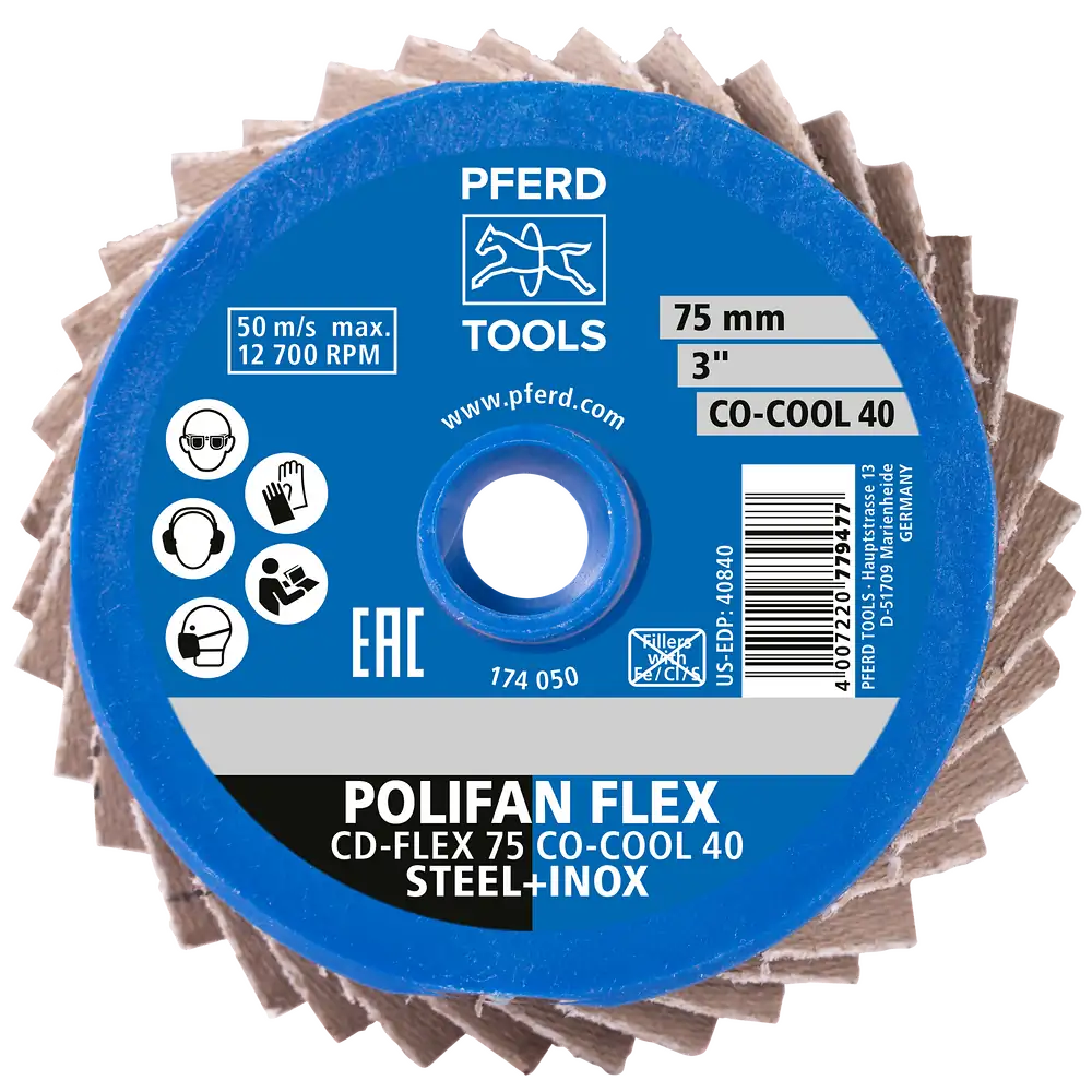 PFERD TOOLS COMBIDISC Flexibel Keramikkorn Mini-POLIFAN CDR Ø 75mm CO-COOL40 für kühlen Schliff auf Edelstahl
