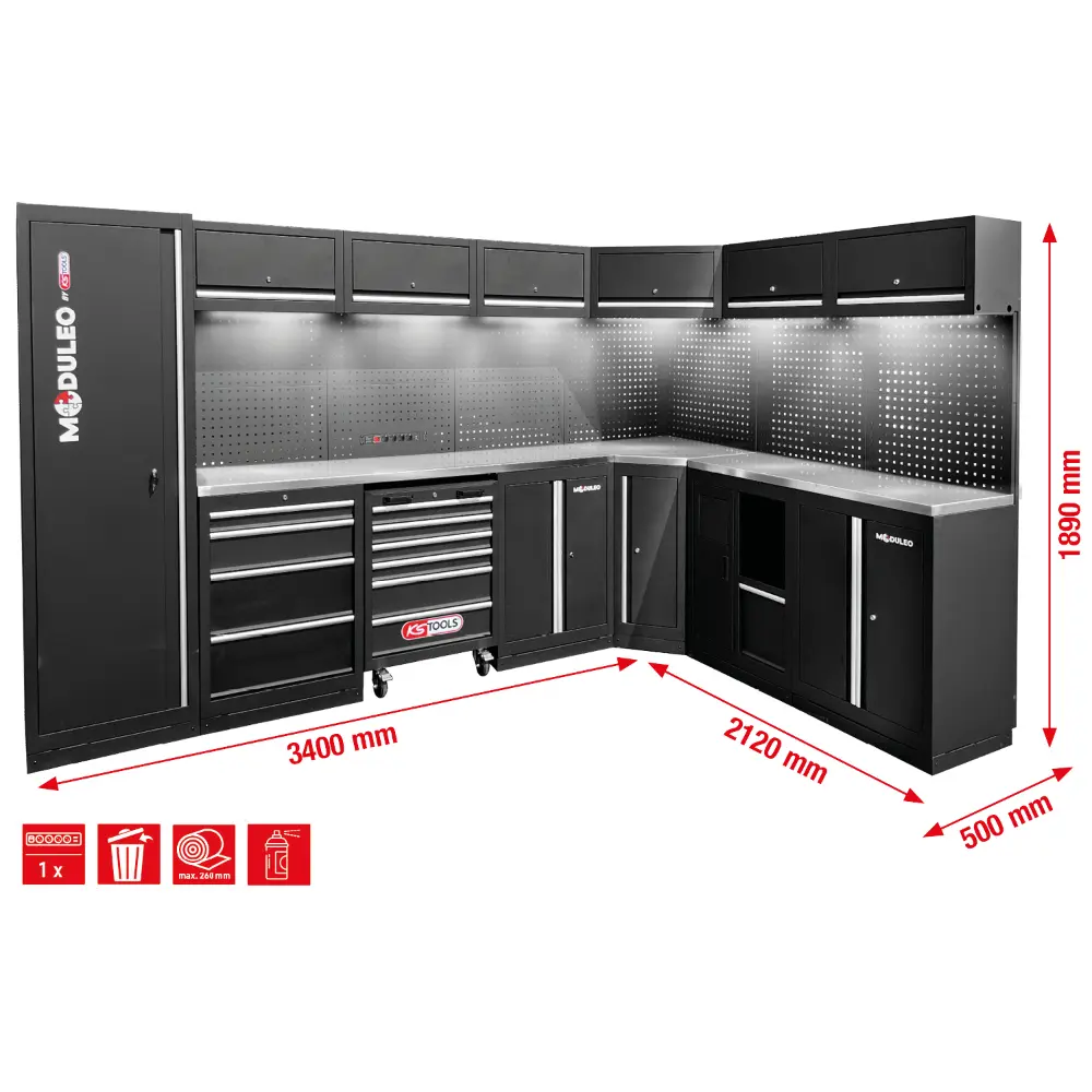 KS TOOLS Werkstatt-Schranksystem, L-Form, 3400 x 2120 mm, Variante 2