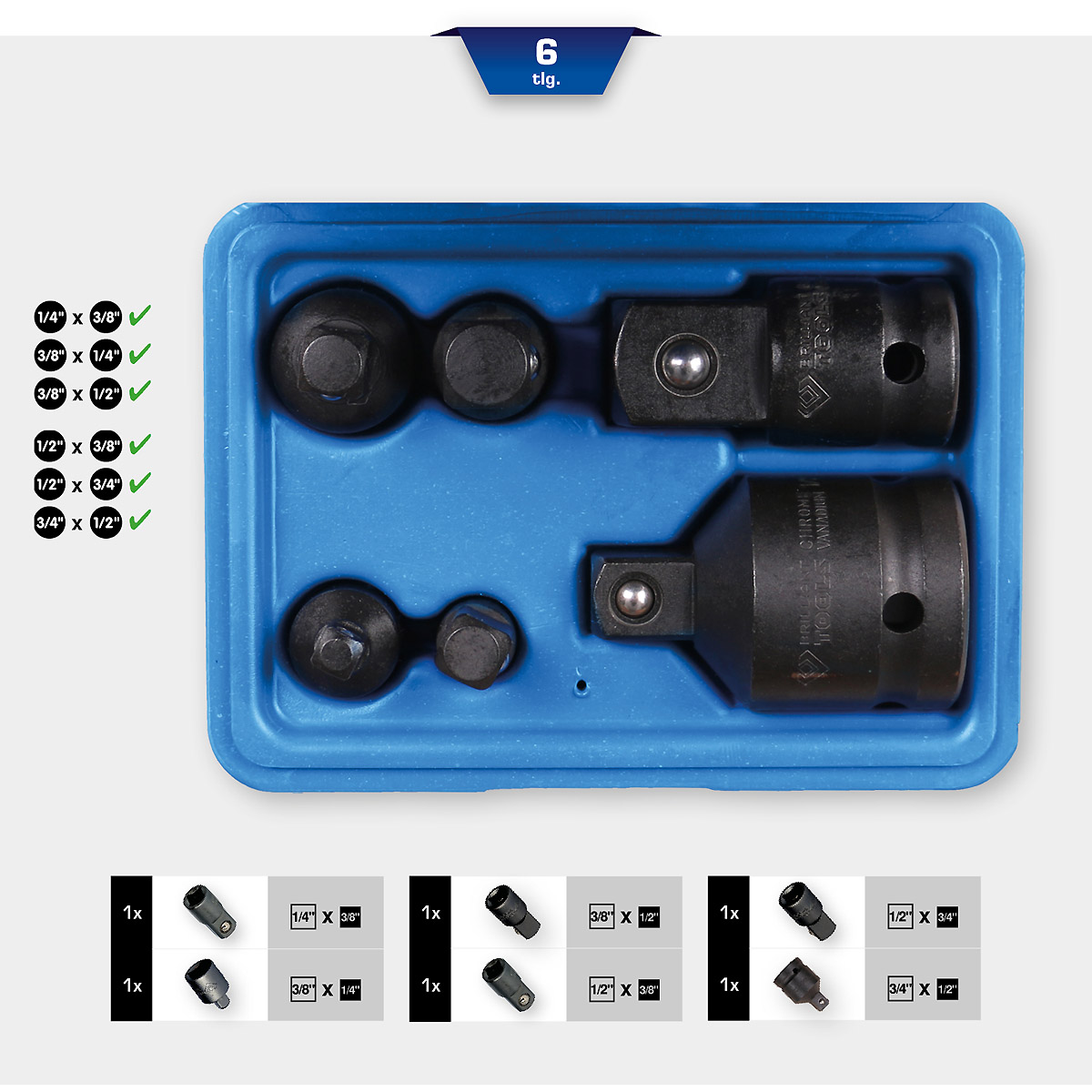 Brilliant Tools Kraft-Adapter-Satz, 6-tlg, 1/4" + 3/8" + 1/2" + 3/4"