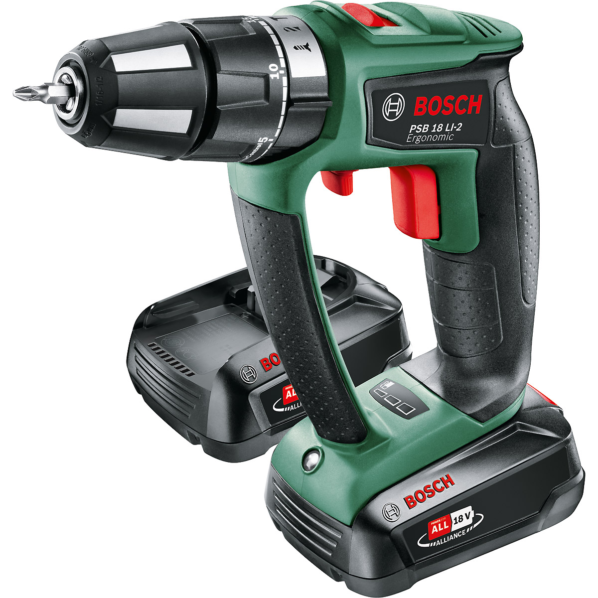 Bosch Akku-Zweigang-Schlagbohrschrauber PSB 18 LI-2 Ergonomic, mit 2 x PBA 18V 2.5 Ah