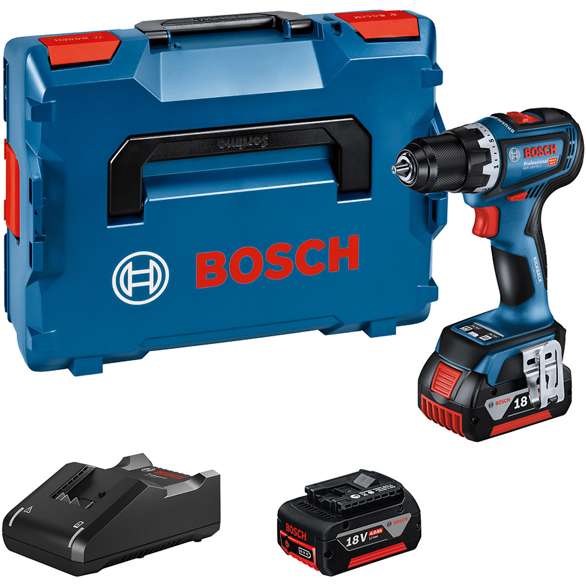 Bosch Bohrschrauber GSR 18V-90C in L-BOXX 136 mit 2 x Li-Ion-Akku 4,0 Ah, Schnellladegerät