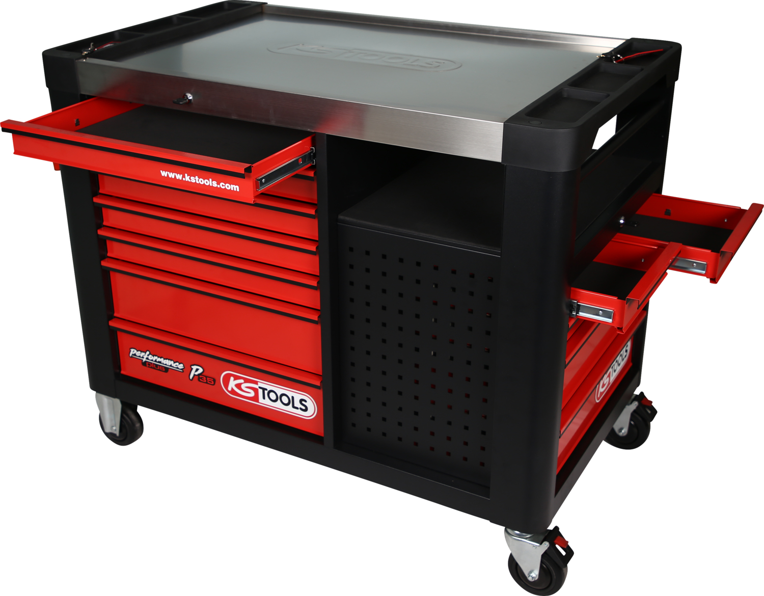 KS Tools PERFORMANCEplus P35 SCHWARZ-ROT Werkstattwagen mit 12 Schubladen