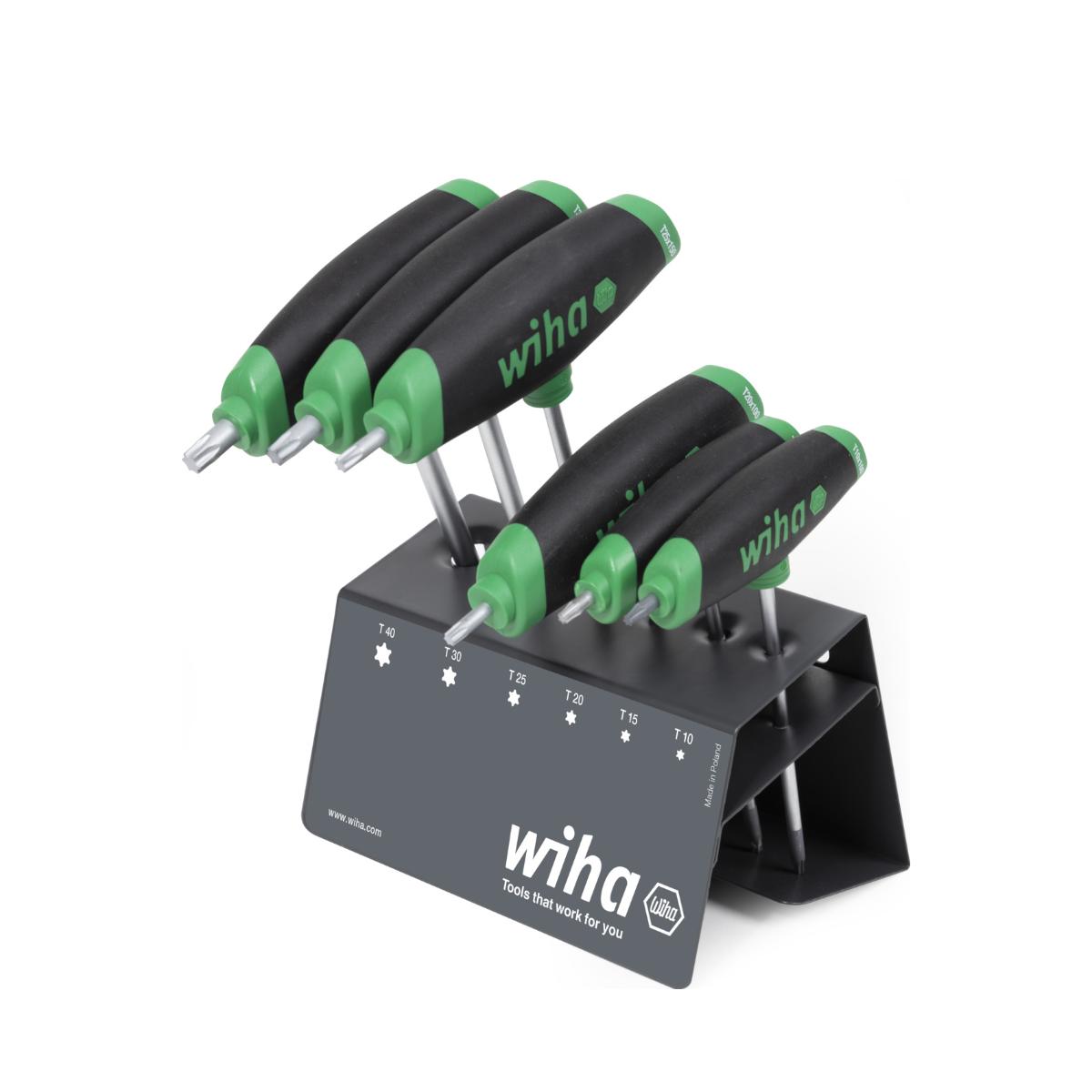 Wiha Stiftschlüssel mit Quergriff Set ComfortGrip TORX 7-teiliges Set mit Seitenabtrieb, mattverchromt im Werkbankständer