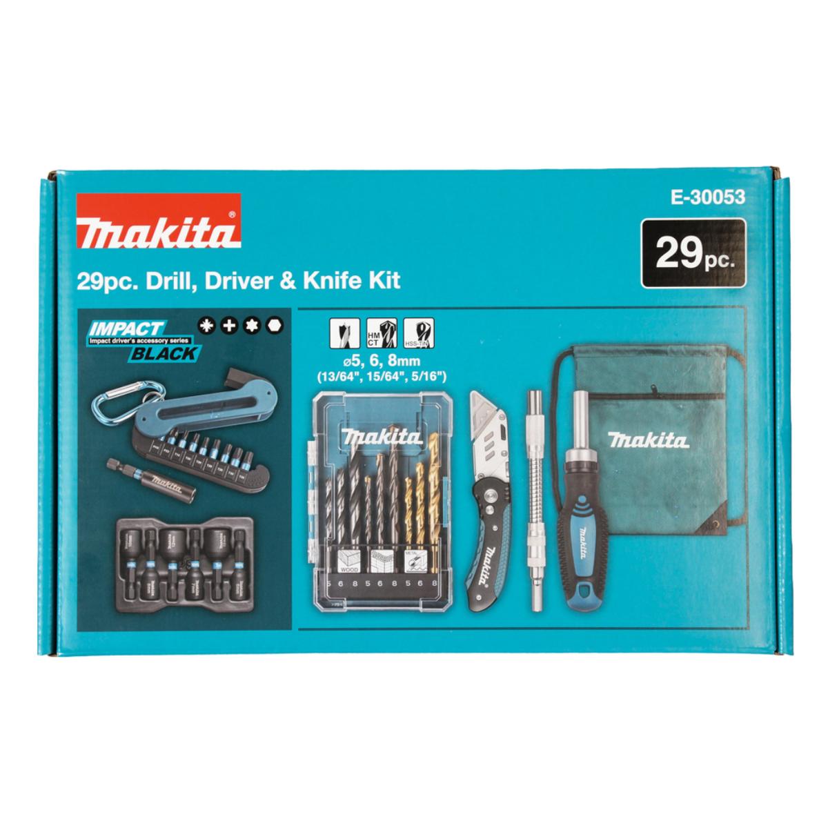 Makita Handwerker-Set 29-teilig Bohrer-Set Bit-Set Steckschlüsseleinsätze Schraubendreher Klappmesser