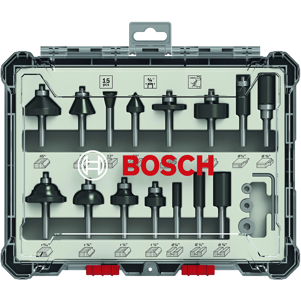 Bosch PRO 15-teiliges Fräser-Set, 1/4"-Schaft. Für Handfräsen