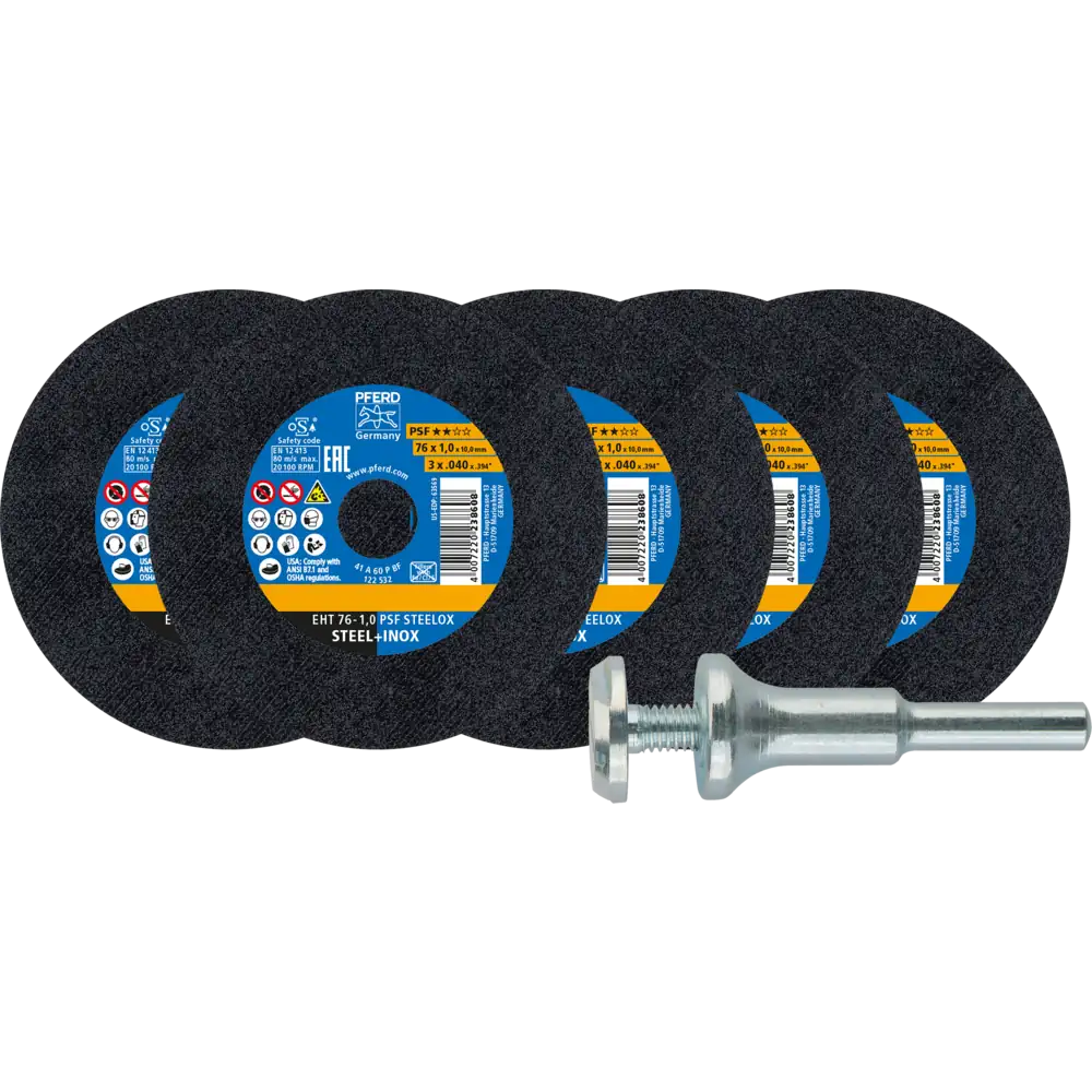 PFERD TOOLS 5x Trennscheiben EHT 76x1,0x10 mm gerade PSF STEELOX für Stahl/Edelstahl mit 1x Aufspannbolzen