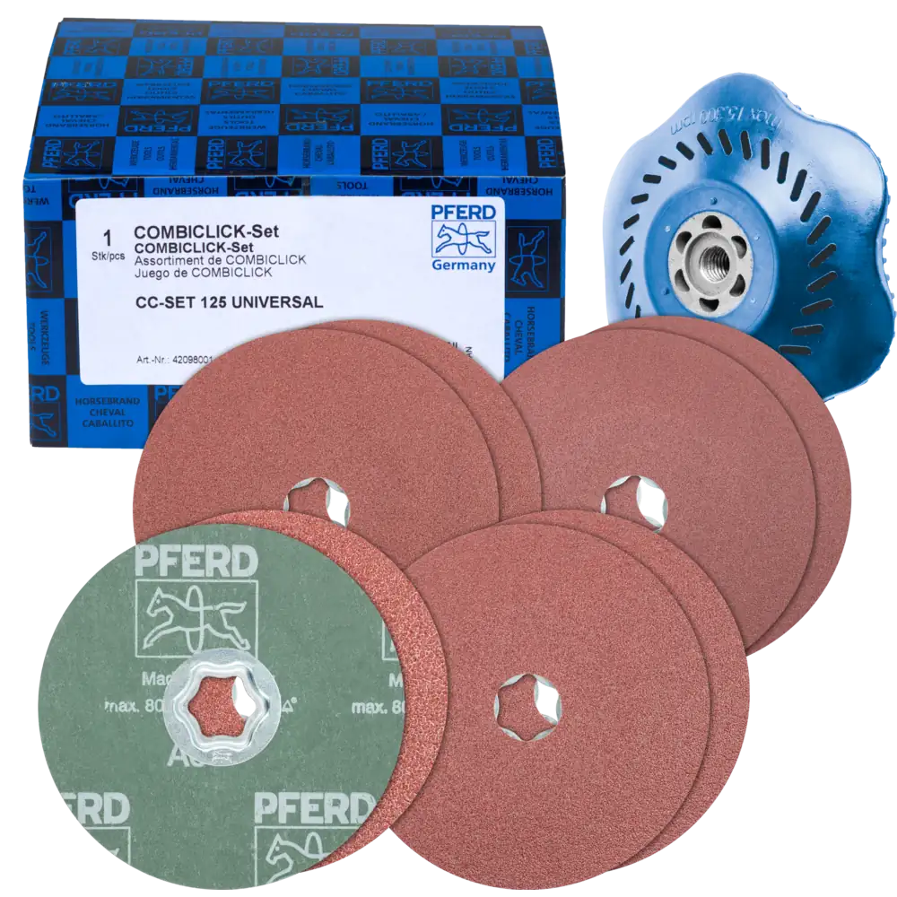 PFERD TOOLS COMBICLICK-Fiberscheiben-Set Korund 125mm mit CC-H-GT-Stützteller für universelle Anwendungen