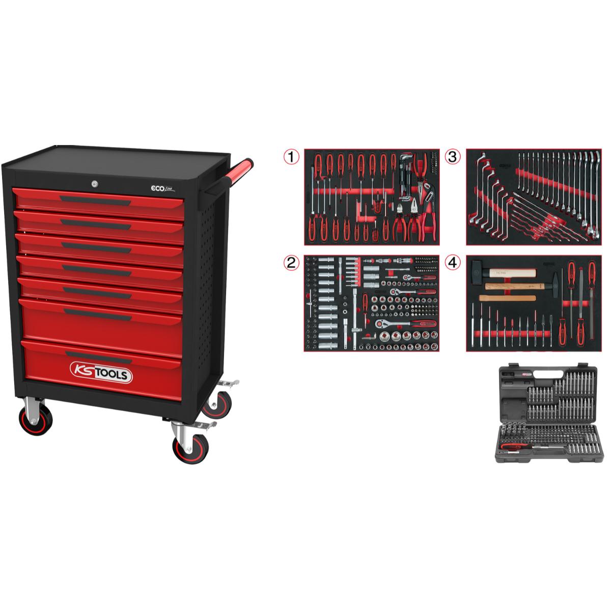 KS Tools ECOline SCHWARZ/ROT Werkstattwagen mit 7 Schubladen und 515 Premium-Werkzeugen