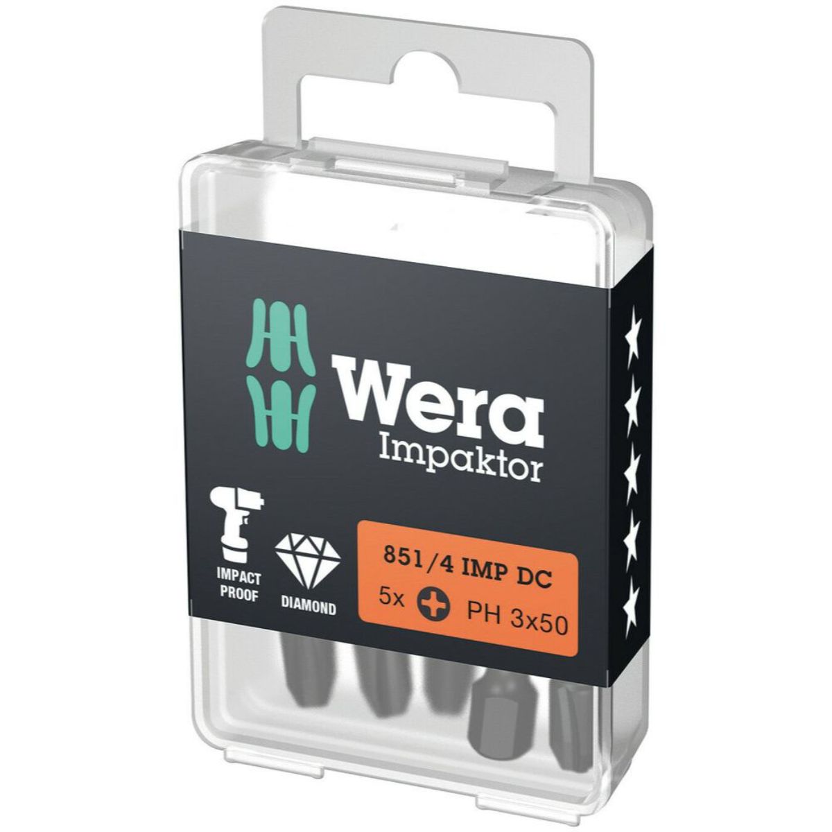 Wera 851/4 IMP DC PH DIY Impaktor PH Bits, PH 3 x 50 mm, 5-teilig