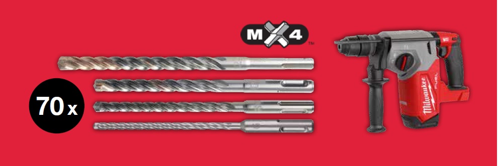 Milwaukee Akku-Kombihammer SDS-Plus MX4 M18 FHX-0X + Hammer-Bohrer-Set 71-teilig