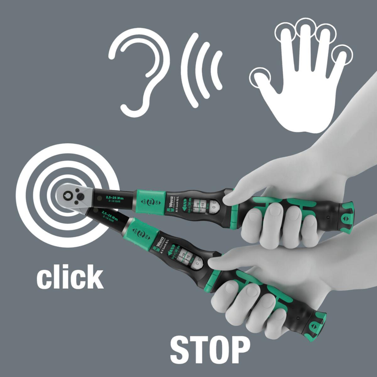 Wera Click-Torque Lock A 5 R/L Drehmomentschlüssel, einstellbar, Torque Lock Funktion, Durchsteckvierkant (1/4 zoll), Rechts-/Linksanzug, 2,5-25 Nm, 1/4 zoll x 2,5-25 Nm