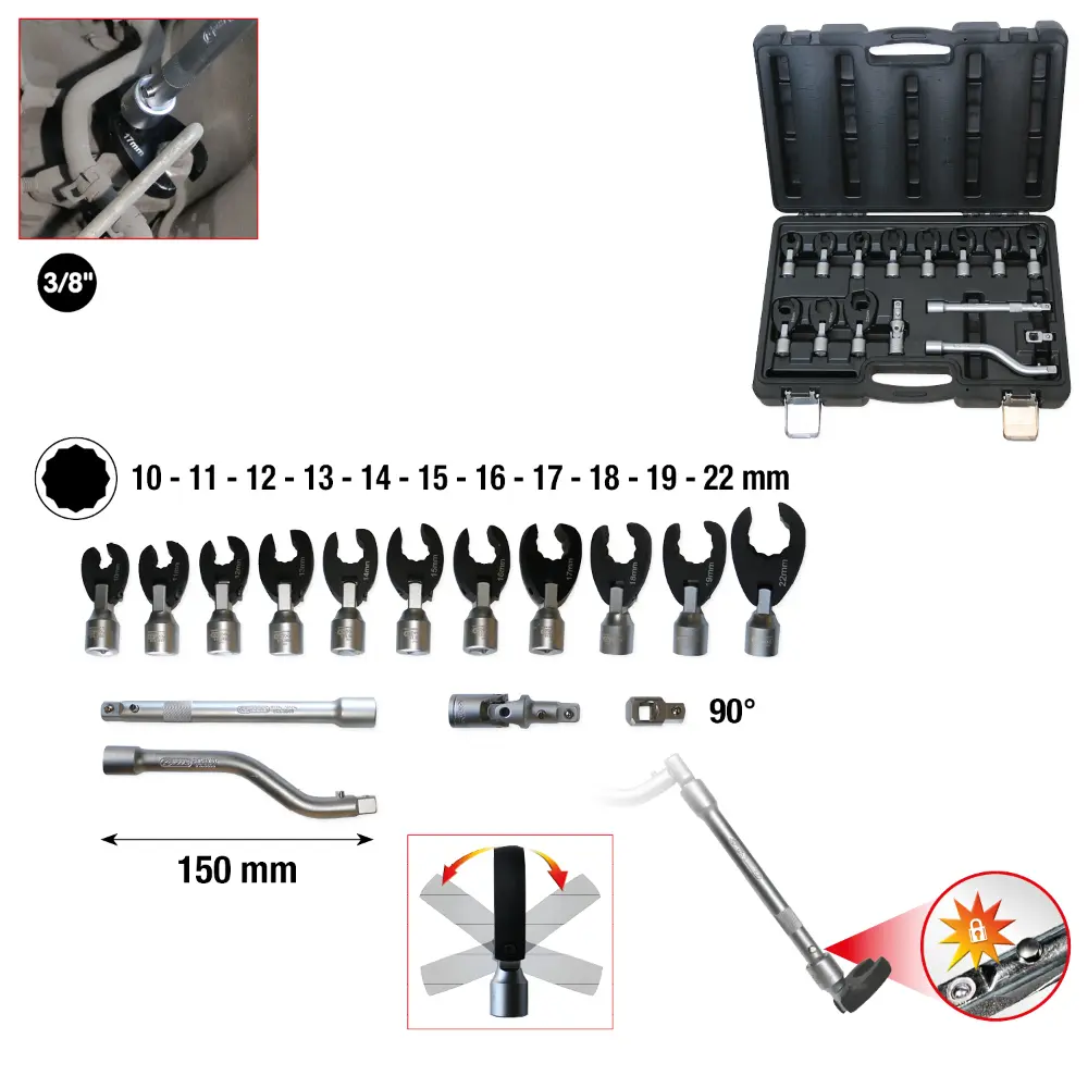 KS TOOLS 3/8" 12-kant-Einsteck-Maulschlüssel-Satz mit Gelenk, 15-tlg, 10-22 mm