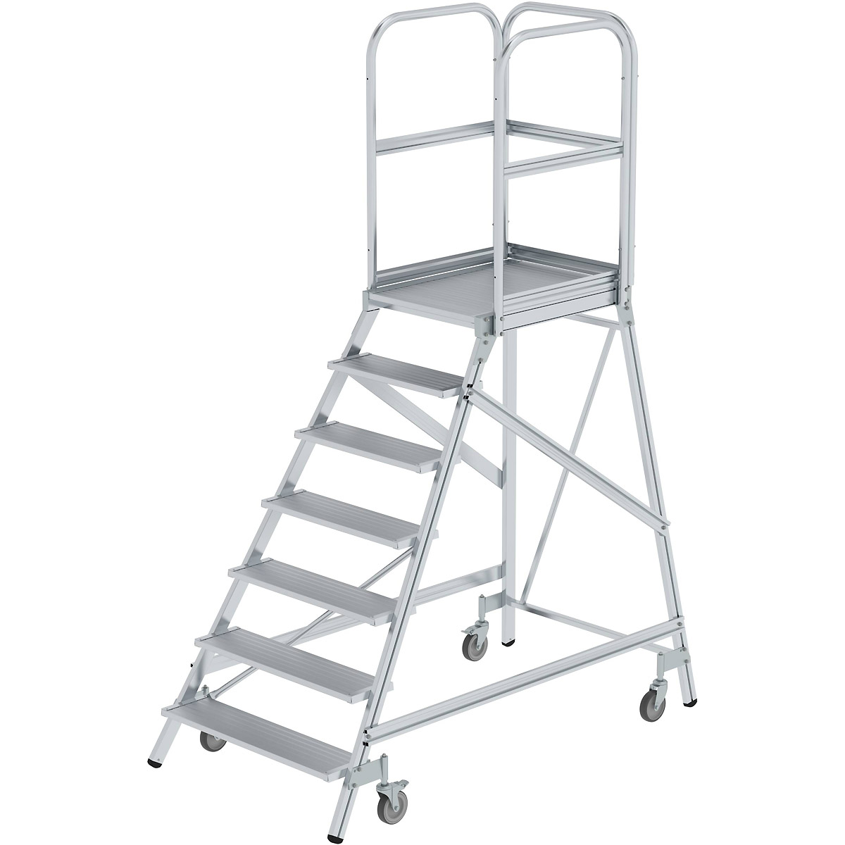 Munk Podesttreppe einseitig begehbar mit Federrollen Aluminium geriffelt