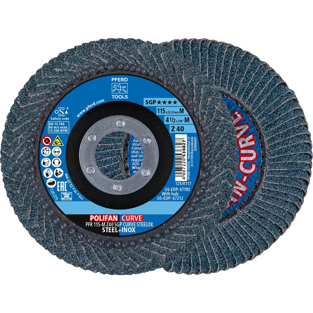 PFERD TOOLS POLIFAN CURVE Fächerscheibe PFR 115x22,23 mm Breite M Z40 SGP STEELOX für Stahl/Edelstahl (POS 2)