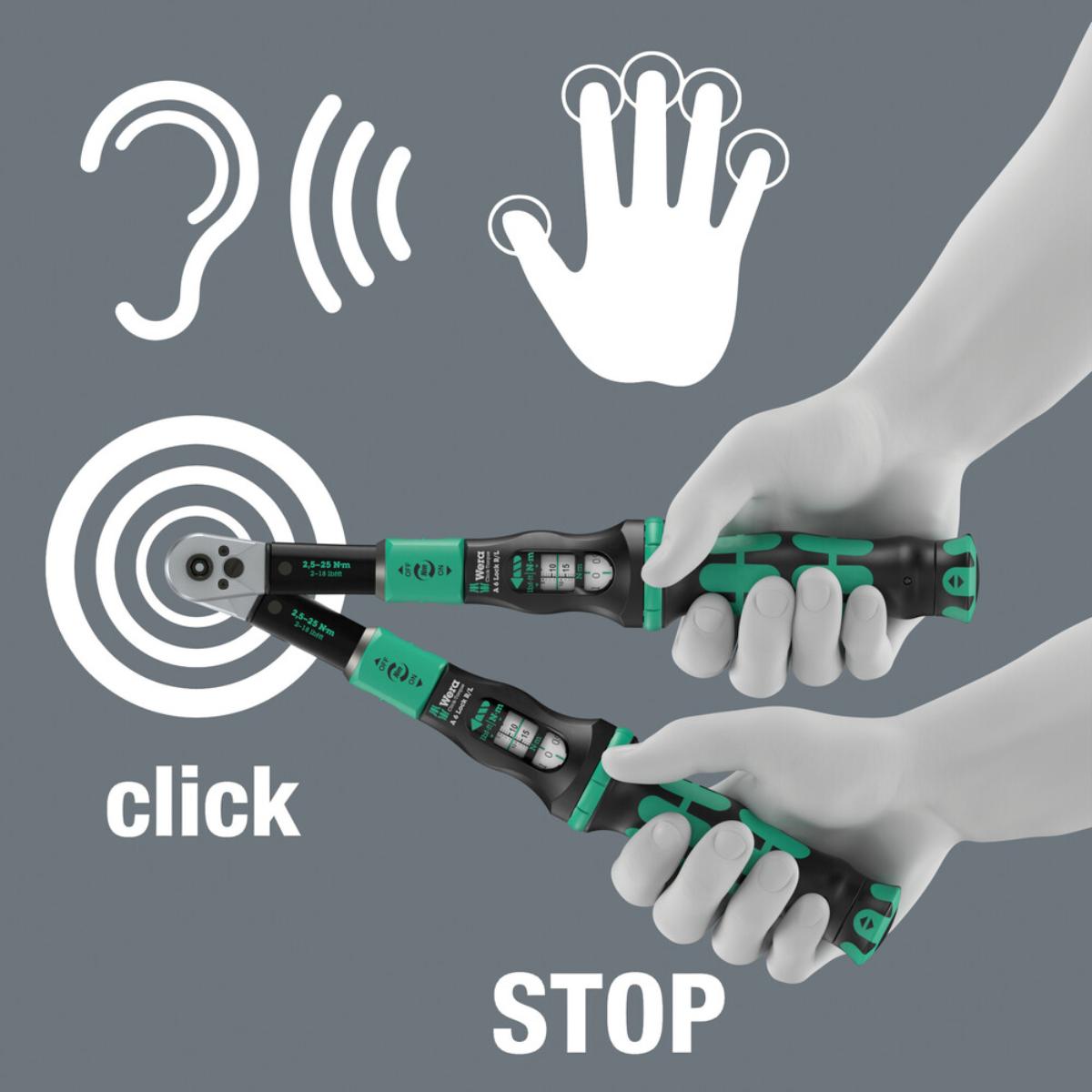 Wera Click-Torque Lock A 6 R/L Drehmomentschlüssel, einstellbar, Torque Lock Funktion, durchgehende Bit-Aufnahme (1/4 zoll), 2,5-25 Nm, 1/4 zoll x 2,5-25 Nm