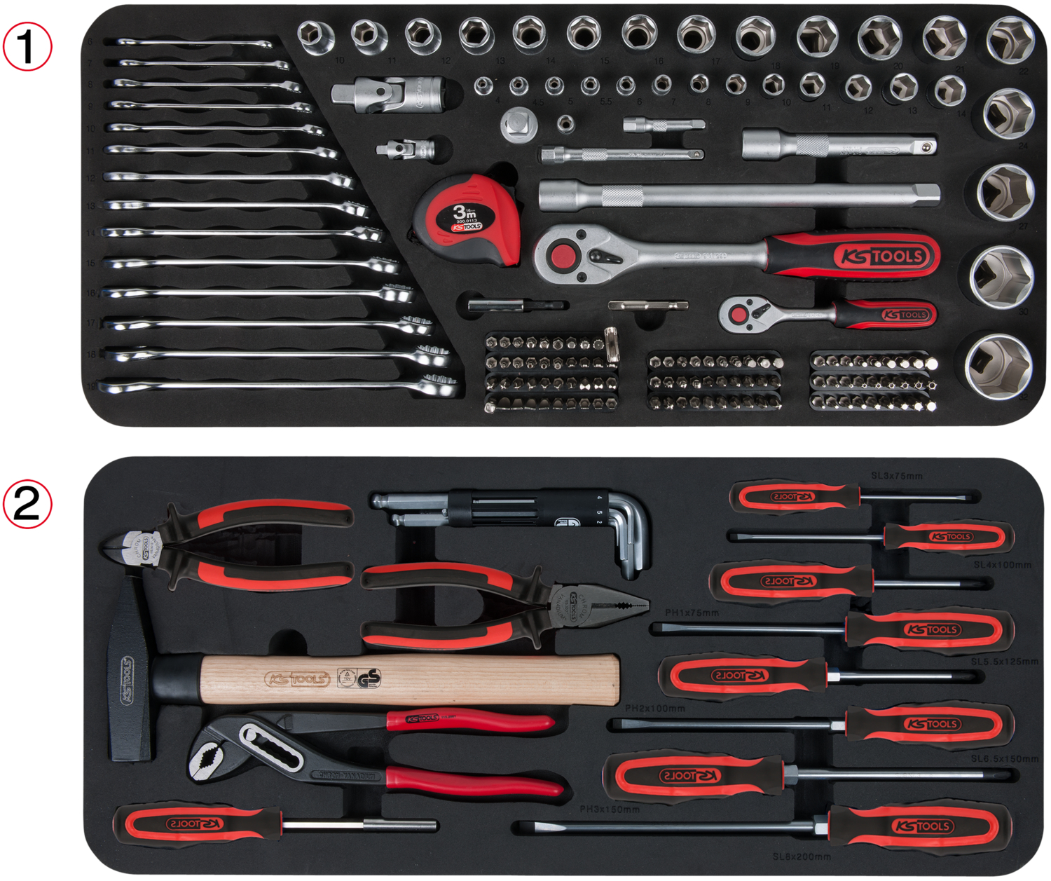 KS Tools TOOLBOX Universal-Systemeinlagen-Satz für 2 Ablagen mit 175 Premium-Werkzeugen