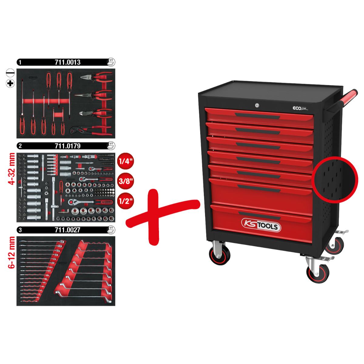 KS Tools ECOline SCHWARZ-ROT Werkstattwagen mit 7 Schubladen und 215 Premium-Werkzeugen