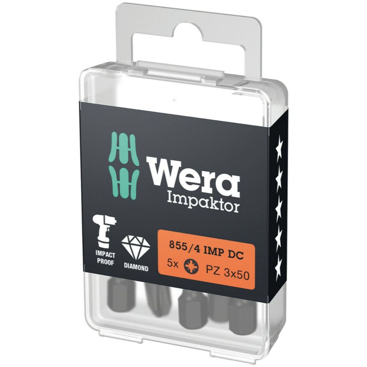 Wera 855/4 IMP DC PZ DIY Impaktor Bits, PZ 3 x 50 mm, 5-teilig