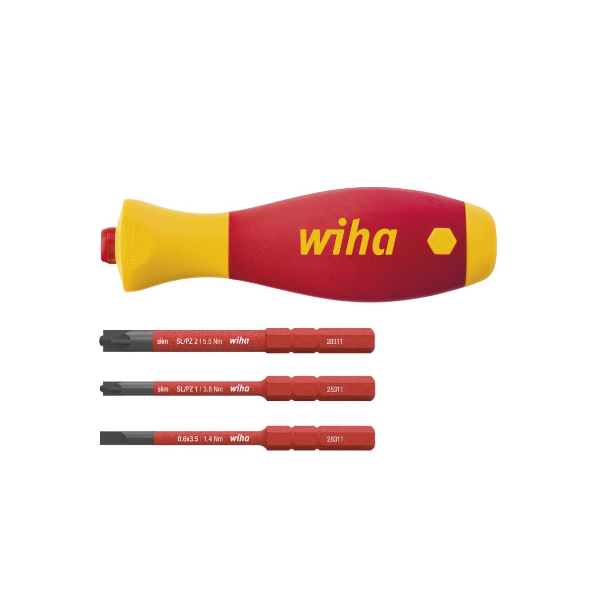 Wiha Schraubendreher mit Bithalter Set SoftFinish slimVario electric 4-teiliges Set mit slimBits auf SB-Karte