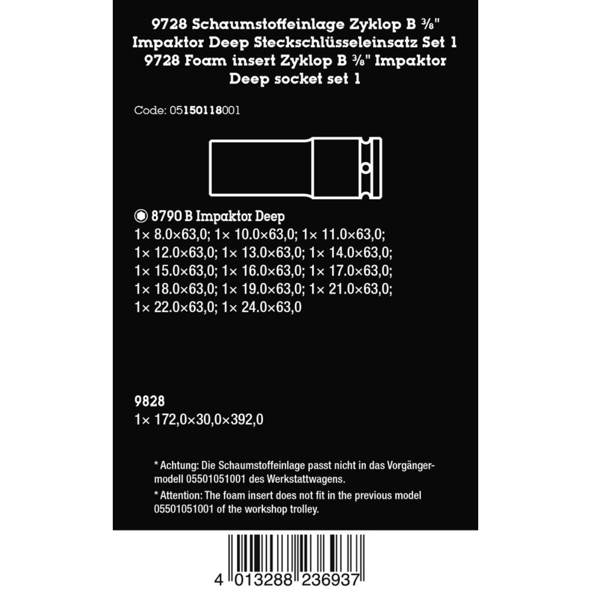 Wera 9728 Schaumstoffeinlage Zyklop B 3/8" Impaktor Deep Steckschlüsseleinsatz Set 1