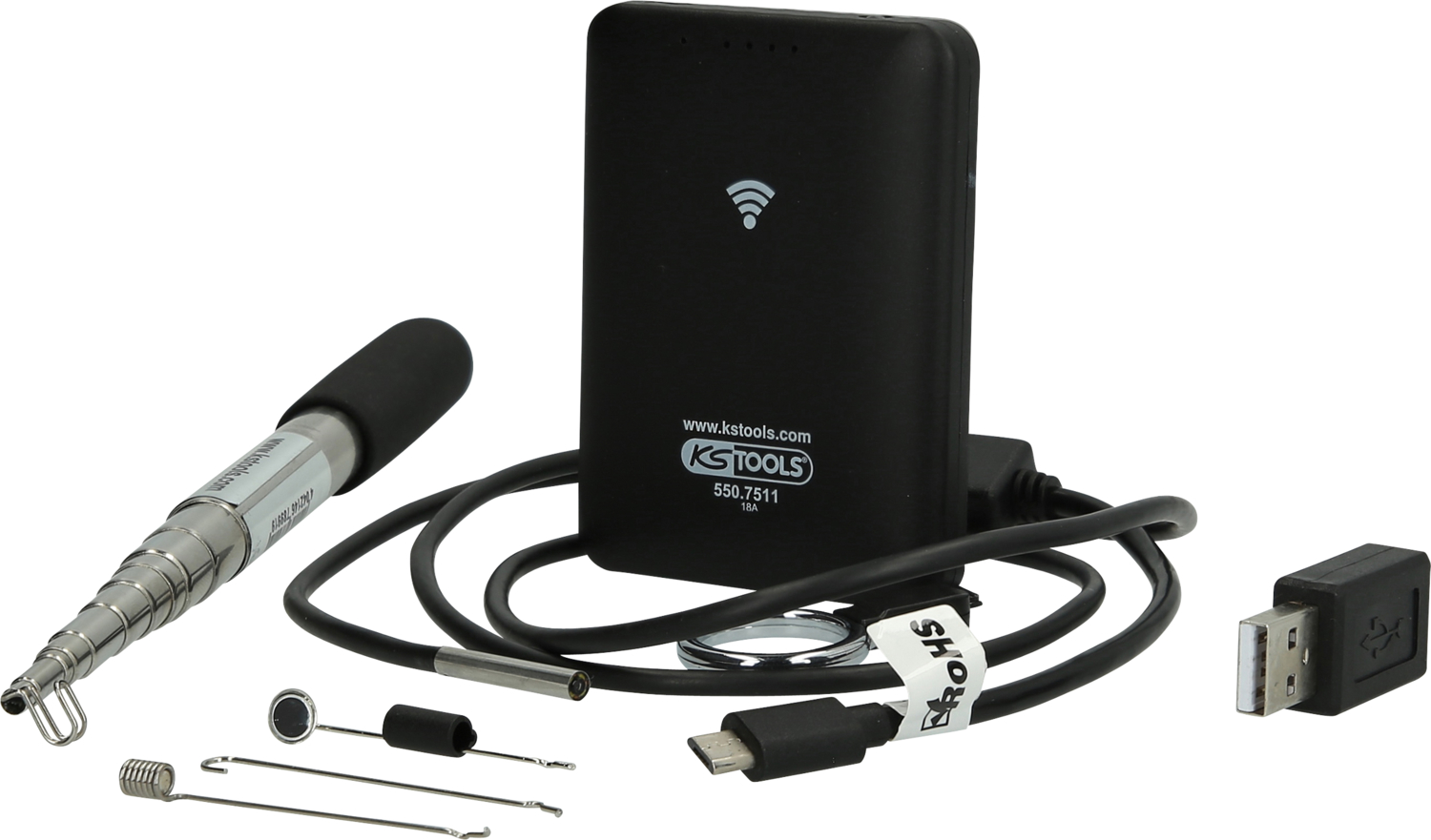 KS Tools Wi-Fi-Videoskop-Satz mit Ø 3,9 mm 0° HD Frontkamera-Sonde, 7-tlg