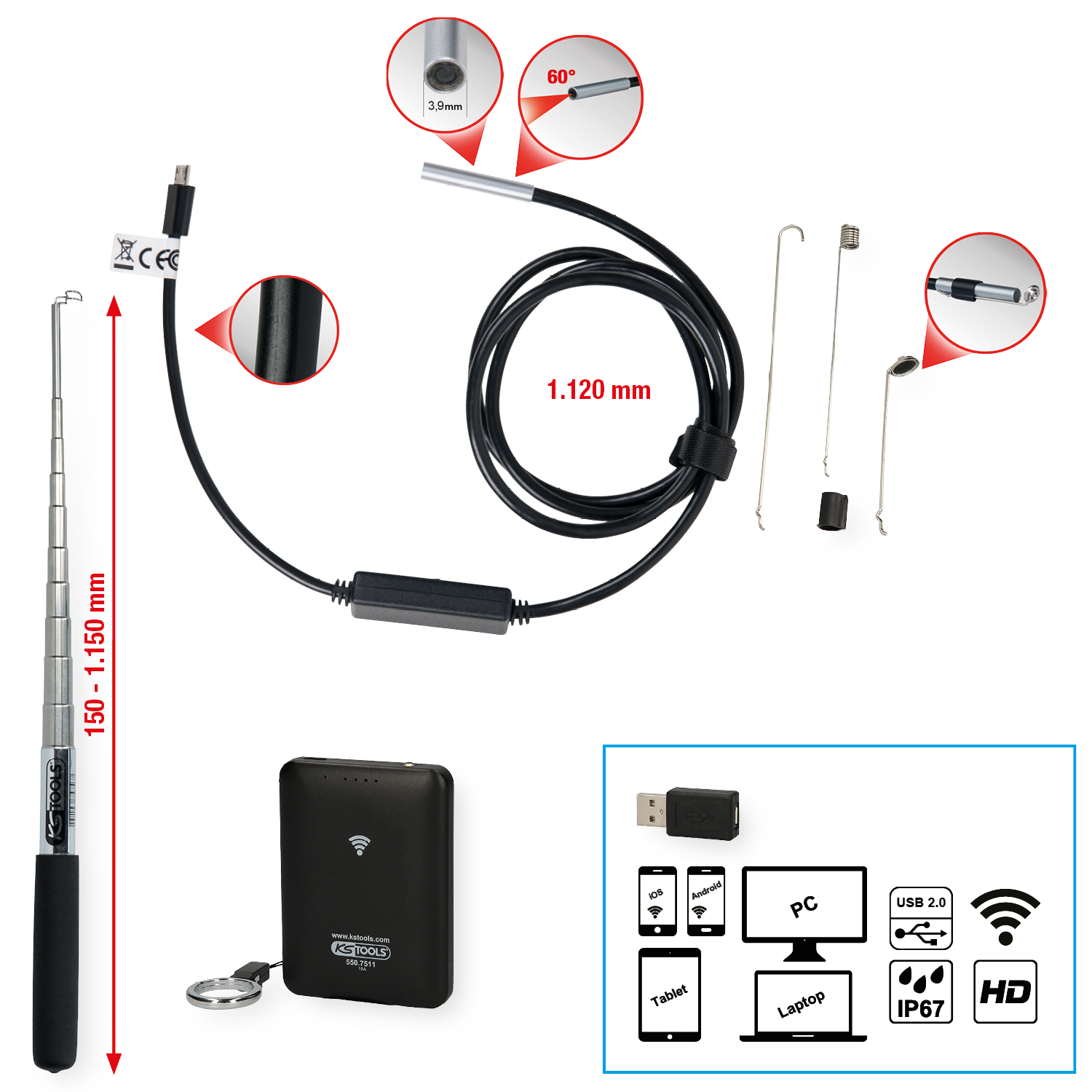 KS Tools Wi-Fi-Videoskop-Satz mit Ø 3,9 mm 0° HD Frontkamera-Sonde, 7-tlg