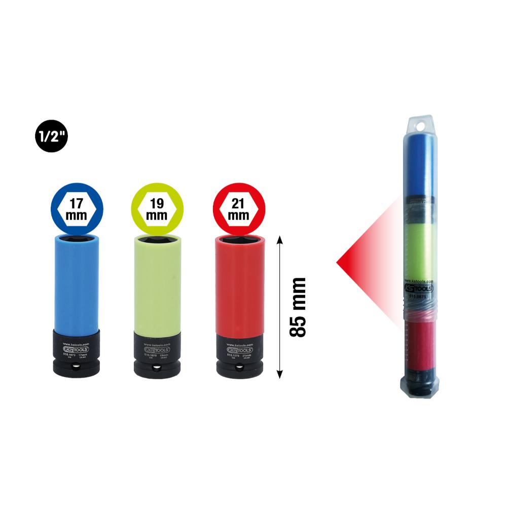 KS Tools 1/2 Zoll Alu-Felgen Kraft-Stecknuss-Satz robust, 3-tlg in Kunstoffrohr